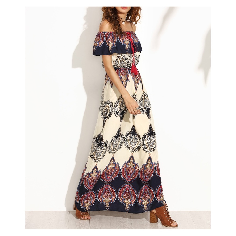 Multicolor Off Shoulder Boho Maxi Dress - Picture 2 of 5